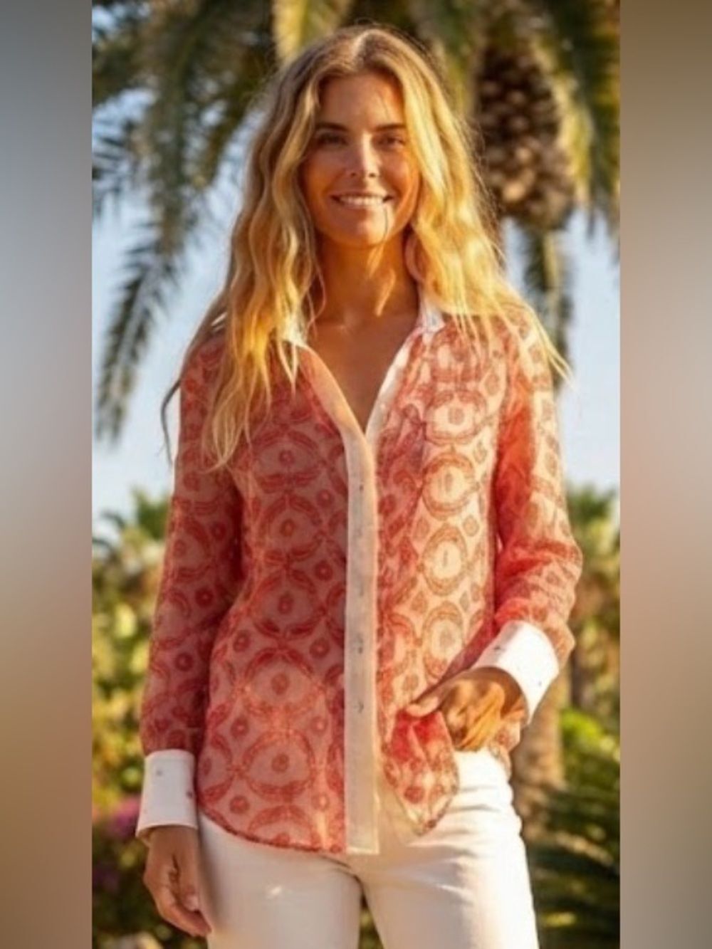 Fedeli Vintage Palm Beach Chic Coral Print Button-Down Shirt White Collar S-M